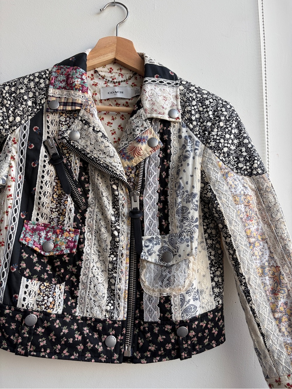Like New Coach Prairie Patchwork Moto Jacket Floral Multicolor Black Cream 00